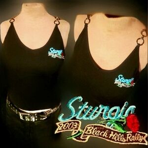 Vtg Y2K blk Sturgis 2003 bh rally embroidered graphics Oring bondage tank L NWOT